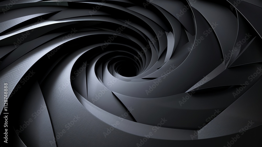 Obraz premium An abstract, 3D rendered design with a black and gray swirling pattern that resembles a vortex.