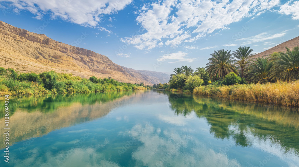 Serene river flowing through lush greenery and mountains under a bright blue sky in a tranquil landscape Serene river flowing through lush greenery and mountains under a bright blue sky in a tranquil landscape