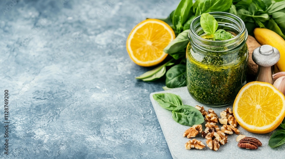 Fresh Basil Pesto with Ingredients on Rustic Blue Background Fresh Basil Pesto with Ingredients on Rustic Blue Background