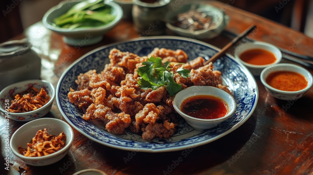 Crispy Fried Chicken Dish with Sauces on a Rustic Wooden Table Crispy Fried Chicken Dish with Sauces on a Rustic Wooden Table