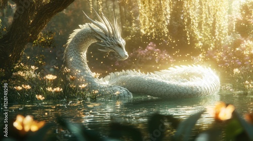 Serene white dragon rests in sunlit enchanted forest pond. photo