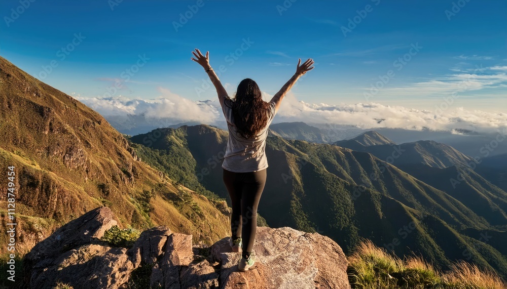 A person standing on a mountain top with arms outstretched, symbolizing freedom, limitless potential, and discovery A person standing on a mountain top with arms outstretched, symbolizing freedom, limitless potential, and discovery