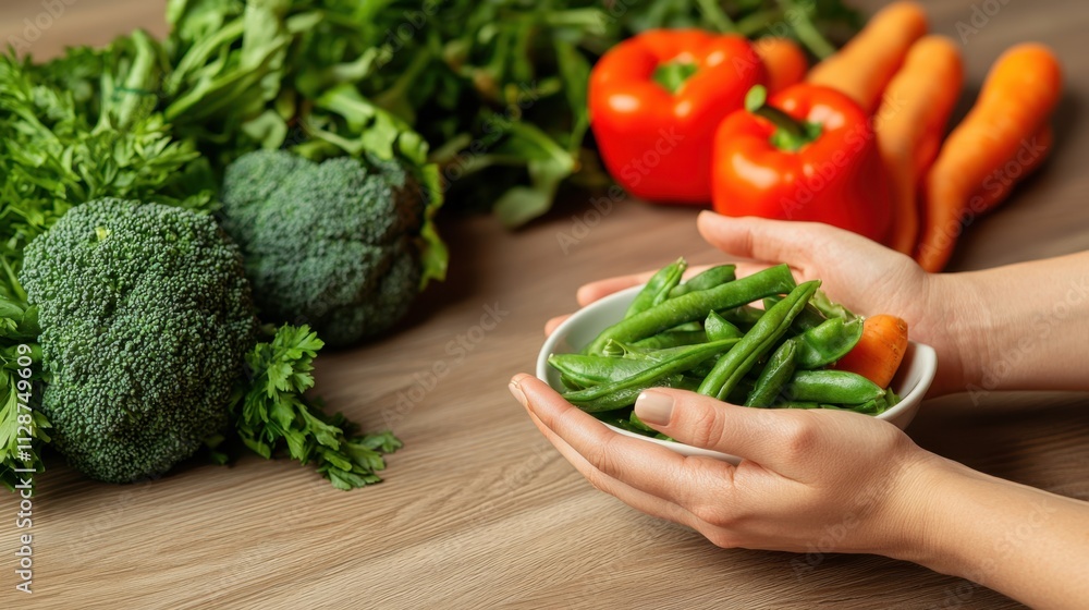 Mindfulness concept integrated with health-conscious living and lifestyle. Fresh vegetables arranged with hands holding green beans in a bowl Mindfulness concept integrated with health-conscious living and lifestyle. Fresh vegetables arranged with hands holding green beans in a bowl