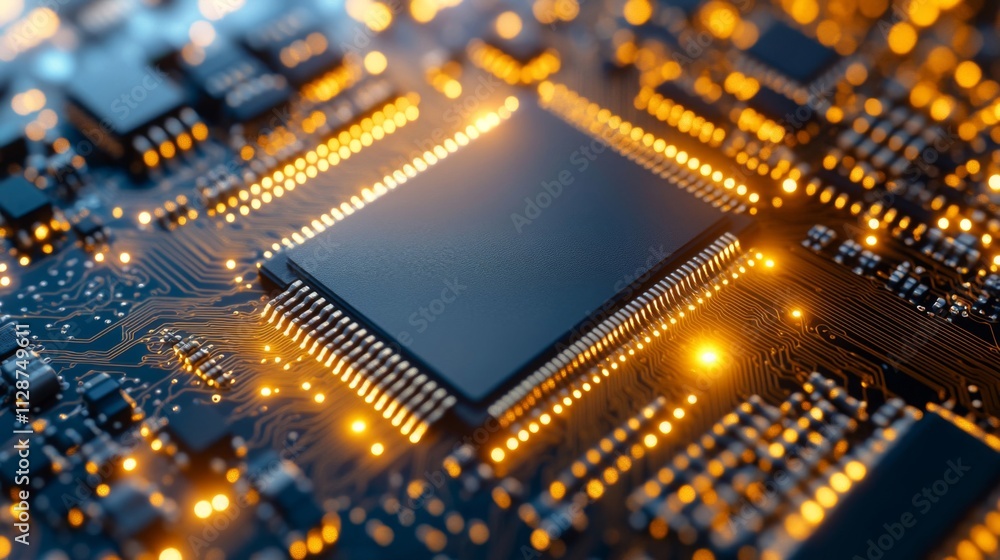 Close-up of a Processor Chip on a Circuit Board with Glowing Lights Close-up of a Processor Chip on a Circuit Board with Glowing Lights