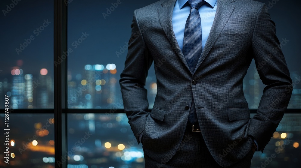 A Businessman in a Suit Stands Before a Cityscape at Night A Businessman in a Suit Stands Before a Cityscape at Night