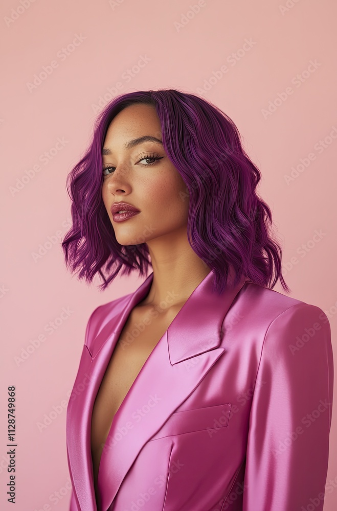 a woman with purple hair wearing a pink silk suit, against a solid color background a woman with purple hair wearing a pink silk suit, against a solid color background