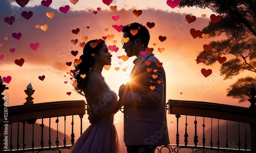 Concept: love, Valentine's Day. Silhouette of a couple in love on a fairy-tale bridge.