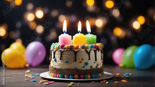 A celebration cake with five lit candles sits in the foreground,