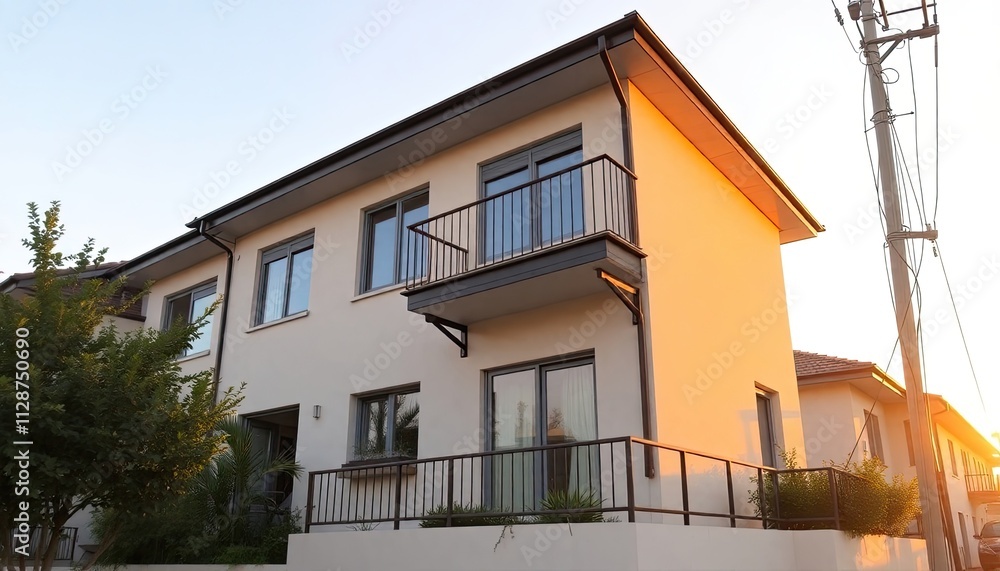Terrace house with a modern exterior, small but functional balcony, warm golden light from the sunset shining on the building Terrace house with a modern exterior, small but functional balcony, warm golden light from the sunset shining on the building