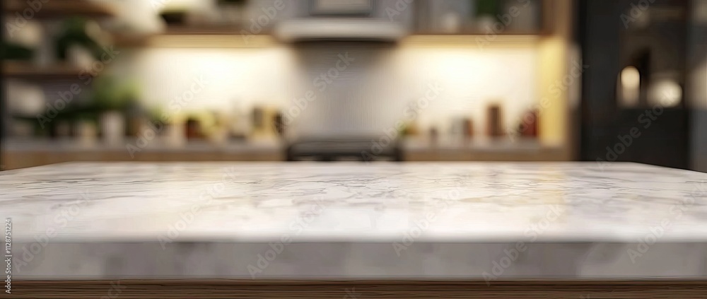 Blurred kitchen interior with a white marble countertop and wooden cabinets. Background for a product presentation mockup. Minimalist home design concept Blurred kitchen interior with a white marble countertop and wooden cabinets. Background for a product presentation mockup. Minimalist home design concept
