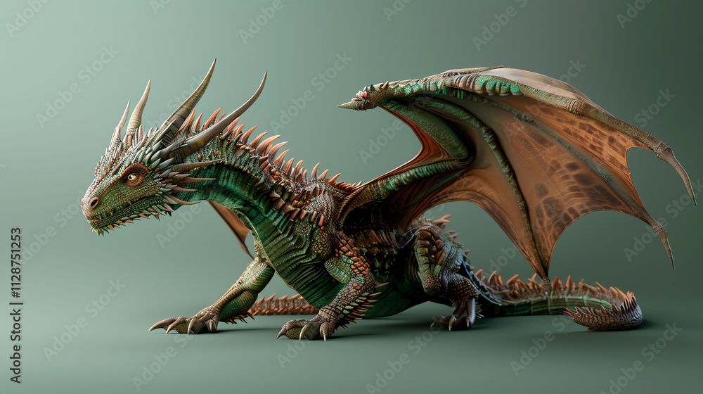Fototapeta premium A 3D rendered dragon with green scales and large wings.