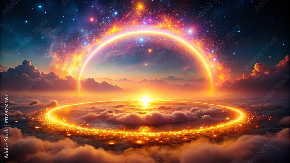 Celestial Dawn An ethereal sunrise over a sea of clouds with a luminous halo encompassing the horizon, illuminating the heavens with a radiant glow of stars and a celestial ring of light. Celestial Dawn An ethereal sunrise over a sea of clouds with a luminous halo encompassing the horizon, illuminating the heavens with a radiant glow of stars and a celestial ring of light.