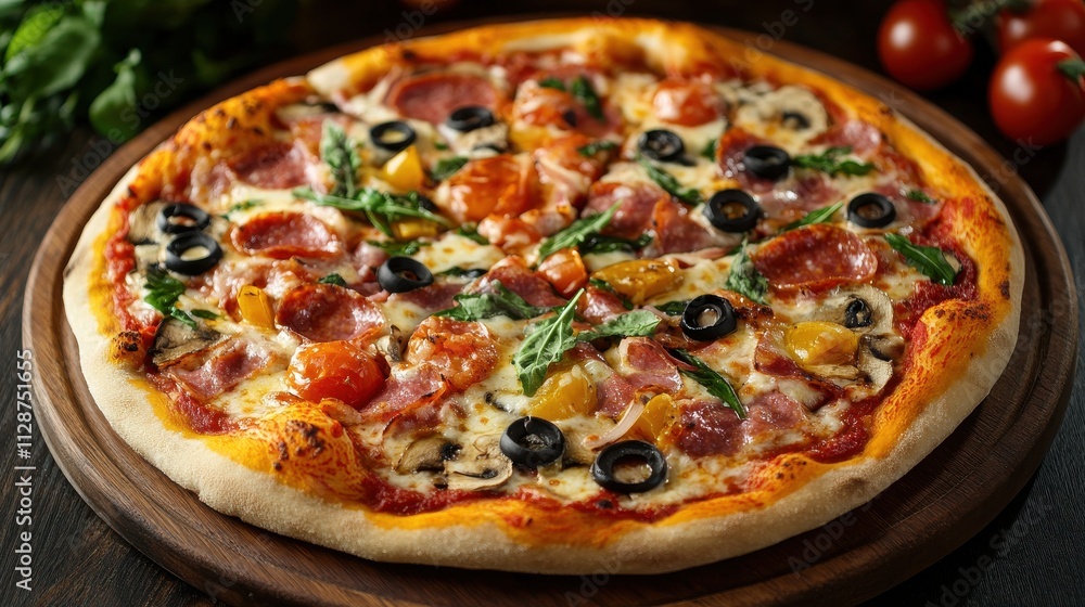 Delicious freshly baked pizza topped with pepperoni, olives, and vegetables on a rustic wooden board Delicious freshly baked pizza topped with pepperoni, olives, and vegetables on a rustic wooden board