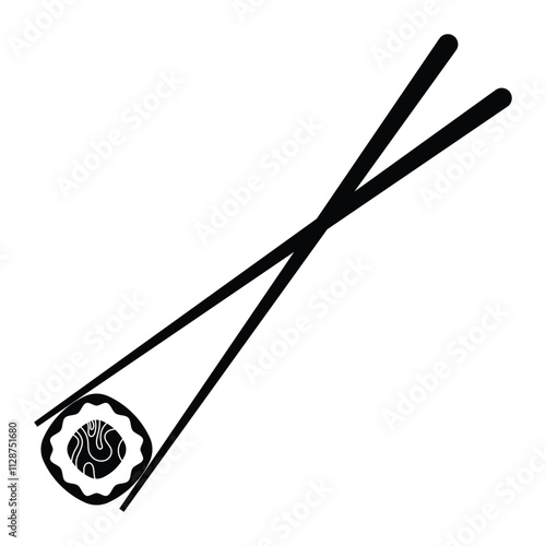 Sushi piece with chopsticks vector icon. Chinese sticks with sushi roll. Asian cuisine, Japanese food illustration. Black silhouette isolated on white background.