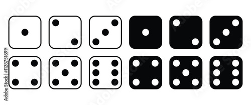Game dice vector icon set. Dice for board games, gambling, and random number generation. Black outline silhouette isolated on white background.