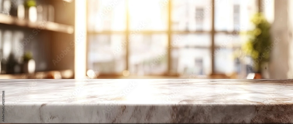 Blurred kitchen interior with a white marble countertop and wooden cabinets. Background for a product presentation mockup. Minimalist home design concept Blurred kitchen interior with a white marble countertop and wooden cabinets. Background for a product presentation mockup. Minimalist home design concept