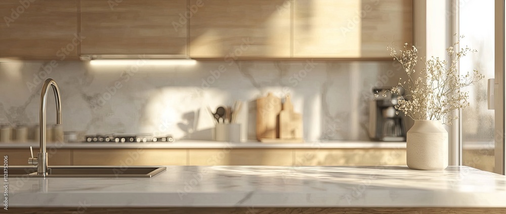Blurred kitchen interior with a white marble countertop and wooden cabinets. Background for a product presentation mockup. Minimalist home design concept Blurred kitchen interior with a white marble countertop and wooden cabinets. Background for a product presentation mockup. Minimalist home design concept