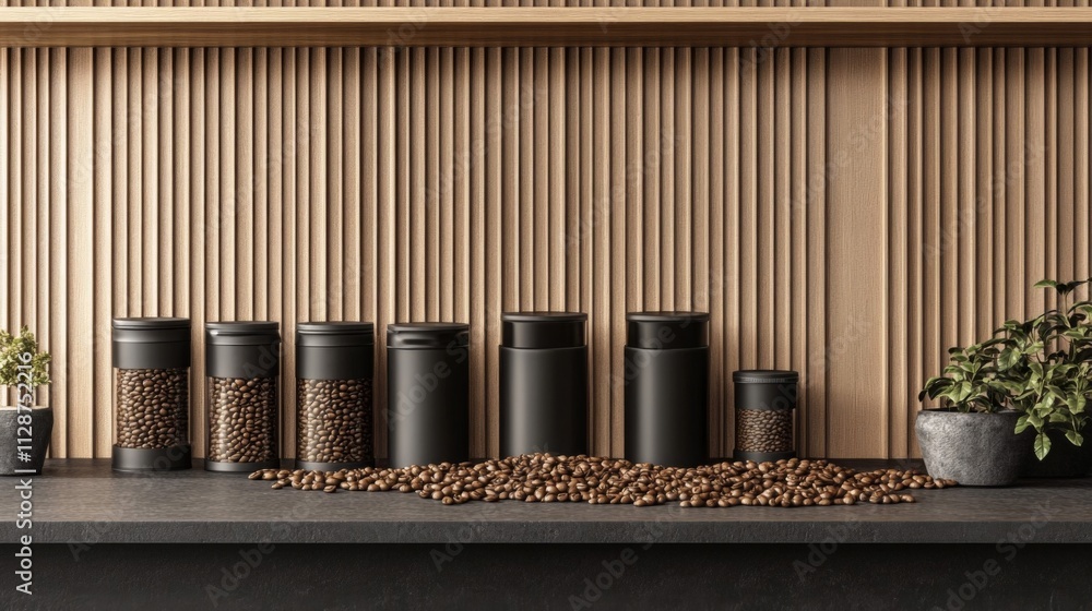 Fototapeta premium Coffee Bean Storage Jars on Wooden Shelf