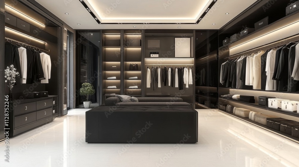 Modern Walk-in Closet with Black and White Clothing and Accessories Modern Walk-in Closet with Black and White Clothing and Accessories