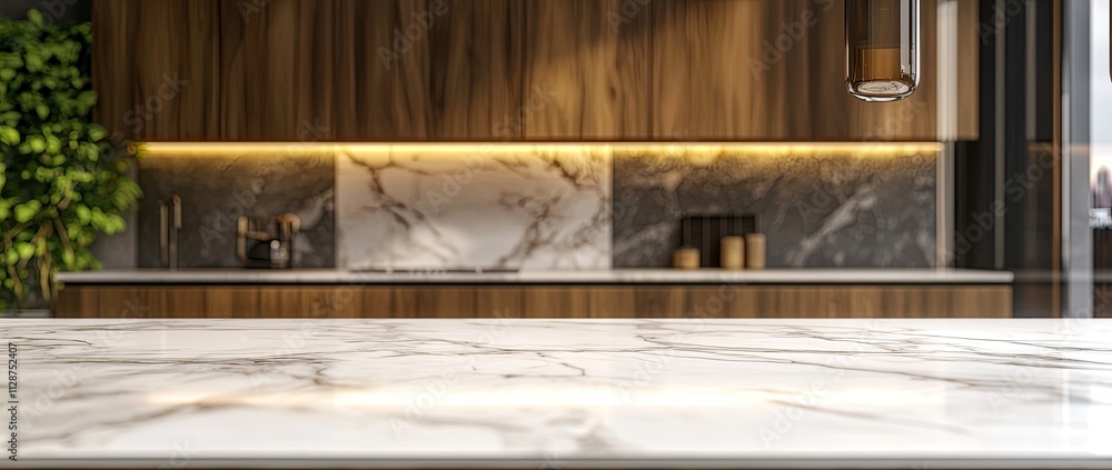 Blurred kitchen interior with a white marble countertop and wooden cabinets. Background for a product presentation mockup. Minimalist home design concept Blurred kitchen interior with a white marble countertop and wooden cabinets. Background for a product presentation mockup. Minimalist home design concept