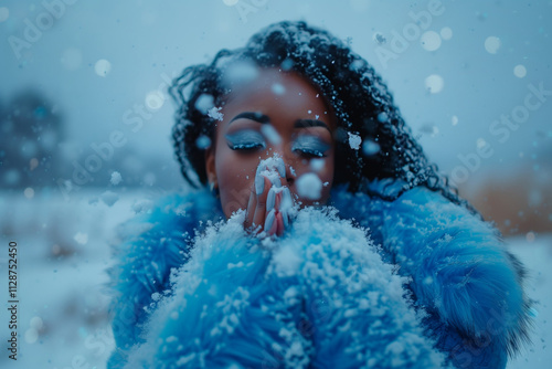 Young american african Woman in Winter Clothing Enjoying Snowy Weather Outdoors.