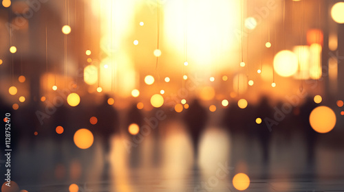 An abstract depiction of a shopping mall interior with golden bokeh lights scattered across a blurred background. Subtle flares from decorative bulbs illuminate the scene, blending seamlessly with