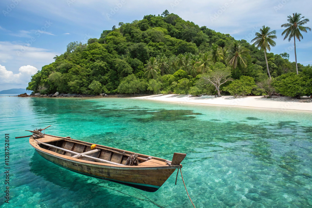 a wooden boat floats on clear turquoise water near a lush island showcasing a beautiful tropical setting a wooden boat floats on clear turquoise water near a lush island showcasing a beautiful tropical setting