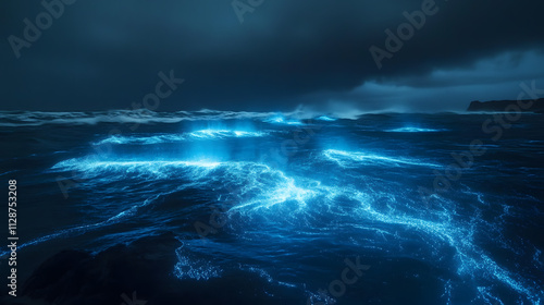 A surreal depiction of a stormy sea with glowing bioluminescence in the waves and ominous skies above.