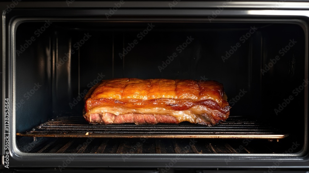 Smoked Meat Cooking Slowly in Oven on Rack with Golden Crust Smoked Meat Cooking Slowly in Oven on Rack with Golden Crust