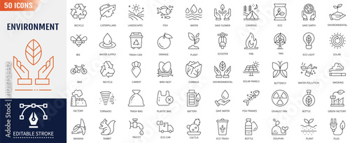 Environment Editable Line Icon set. Containing sustainability, nature, recycle, eco-friendly, wind power, green icon. Vector Illustration