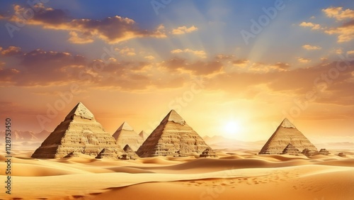 A breathaking desert landscape featuring four iconic pyramids sihouetted agaiinst a golden sunset. photo