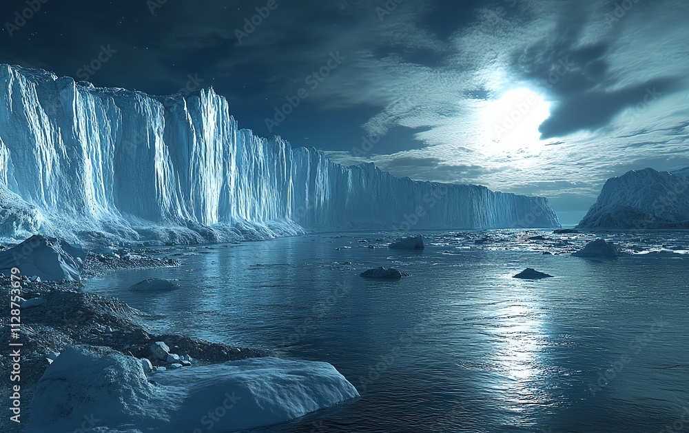 Fototapeta premium 3D visual of world climate change, icebergs melting into the ocean, rising temperatures, environmental destruction, call for climate action