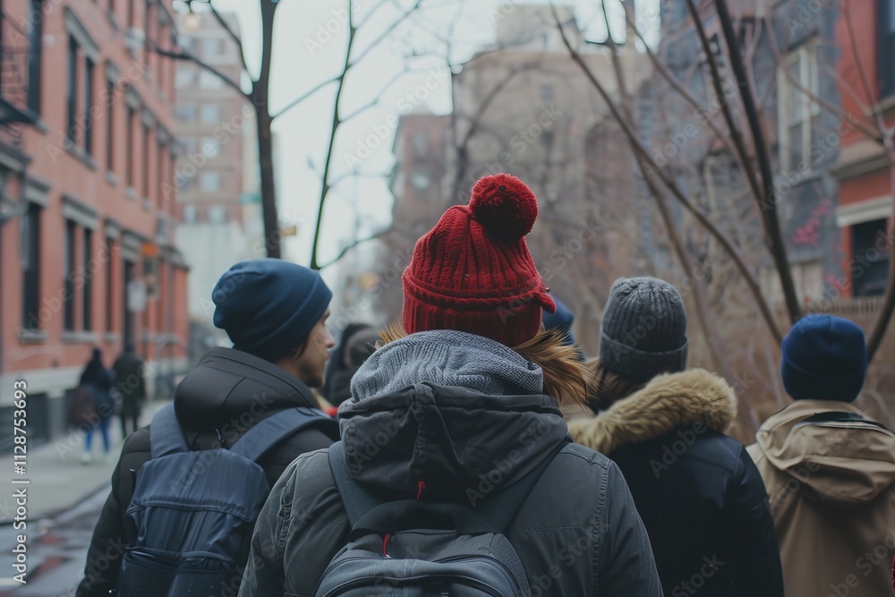 Rear view of a group of people in winter clothes on a city street Rear view of a group of people in winter clothes on a city street