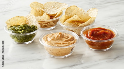 Variety of Dips and Chips on a Marble Countertop