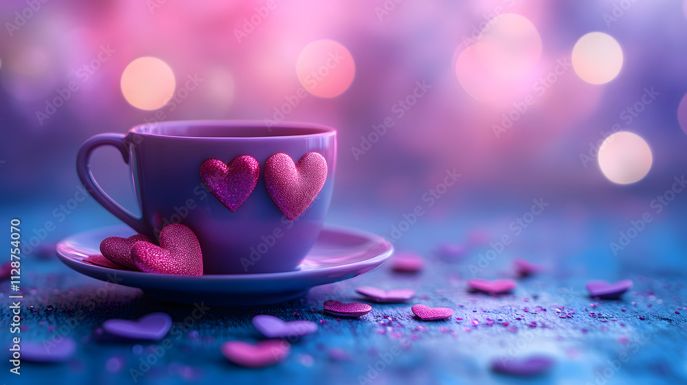 Purple cup with hearts on colorful background, perfect for love Purple cup with hearts on colorful background, perfect for love