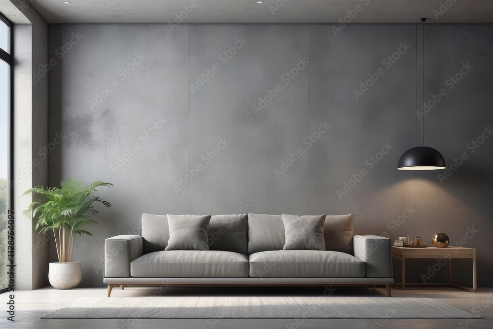 interior design of living room with empty concrete wall background, army pillow, gray sofa interior design of living room with empty concrete wall background, army pillow, gray sofa
