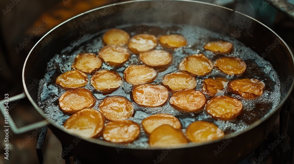 Crispy Potato Slices Frying in Hot Oil with Steam Rising Crispy Potato Slices Frying in Hot Oil with Steam Rising