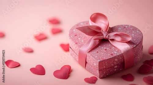 Heart shaped gift box with pink ribbon and heart confetti