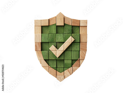 Protected by a secure shield as icon. Puzzle shields are made of wooden squares with a checkmark. Capital protect concept photo