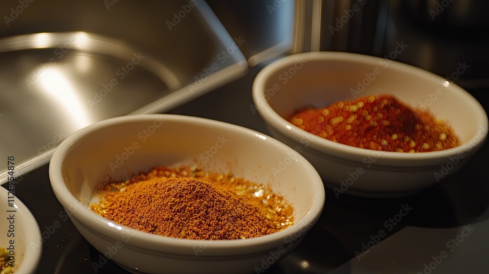 Colorful Display of Various Spices in White Bowls on Kitchen Counter Colorful Display of Various Spices in White Bowls on Kitchen Counter