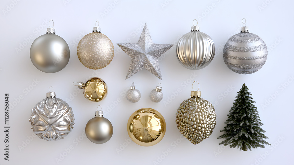 A collection of elegant gold and silver Christmas ornaments, including baubles, a star, and a miniature tree, arranged on a white background. Perfect for holiday decorations or festive designs. A collection of elegant gold and silver Christmas ornaments, including baubles, a star, and a miniature tree, arranged on a white background. Perfect for holiday decorations or festive designs.