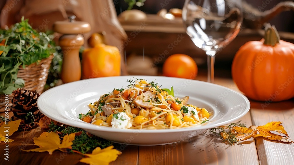 Delicious Autumn Pasta Dish with Fresh Herbs and Rustic Decor Delicious Autumn Pasta Dish with Fresh Herbs and Rustic Decor