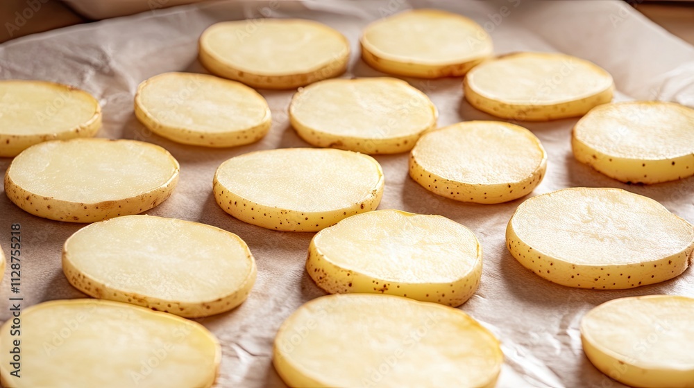 Freshly Sliced Raw Potatoes Ready for Cooking in Bright Kitchen Freshly Sliced Raw Potatoes Ready for Cooking in Bright Kitchen