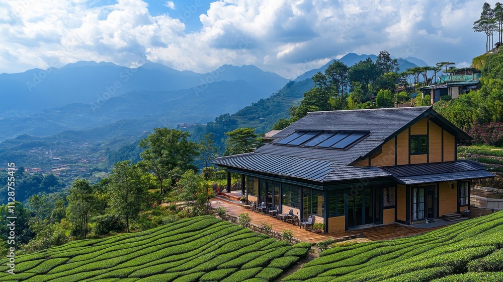Modern House with Mountain View in a Lush Green Tea Plantation Modern House with Mountain View in a Lush Green Tea Plantation