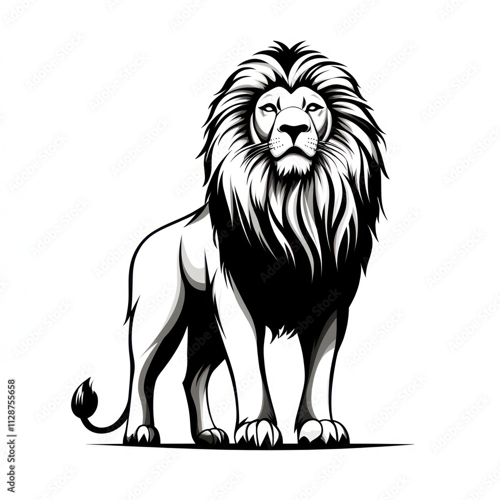 Majestic black and white illustration of a standing lion with a large mane. Majestic black and white illustration of a standing lion with a large mane.