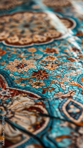 Intricate Turquoise Mosaic Textile: A Close-Up View of Detailed Floral Patterns