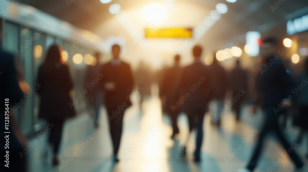 Silhouettes of people on the station platform, rush and waiting for the train, blurred image Silhouettes of people on the station platform, rush and waiting for the train, blurred image