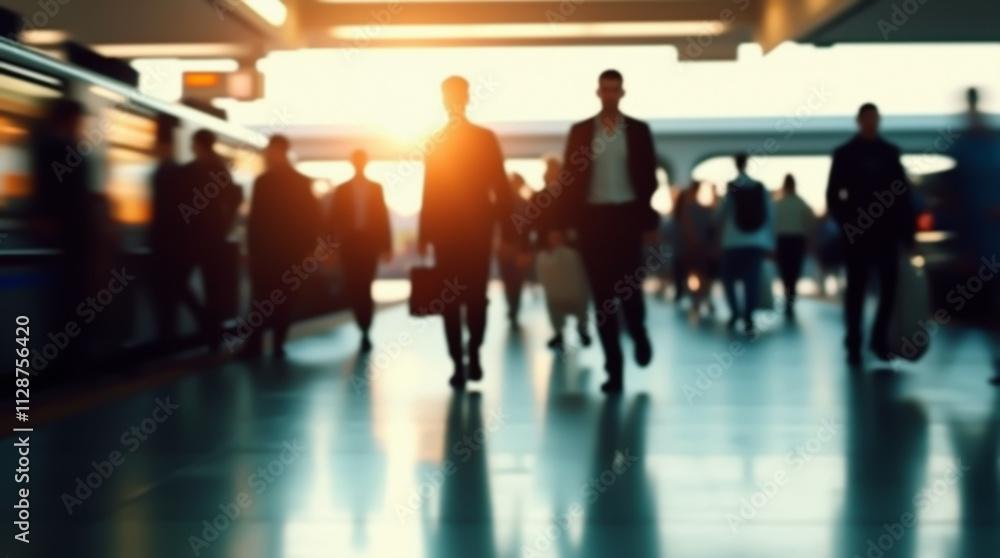Silhouettes of passengers standing and rushing on a station platform, illuminated by soft light Silhouettes of passengers standing and rushing on a station platform, illuminated by soft light