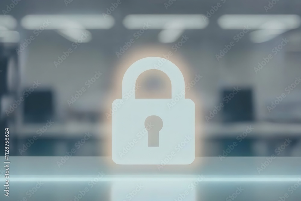 Fototapeta premium glowing padlock icon displayed on transparent glass screen with blurred office equipment in background