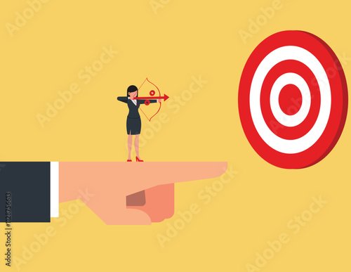 Business advantage or efficiency. Businesswoman Standing and holding a bow on the giant hand pointing to the target